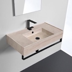 Beige Travertine Design Ceramic Wall Mounted Sink With Black Towel Bar